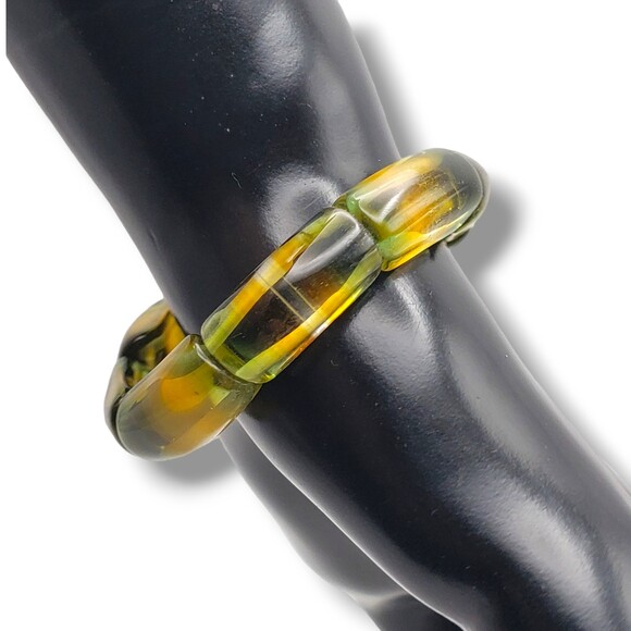 Vintage Art Glass Bead Stretch Bracelet Olive Green Marigold Yellow Clear Stripe - Picture 4 of 7